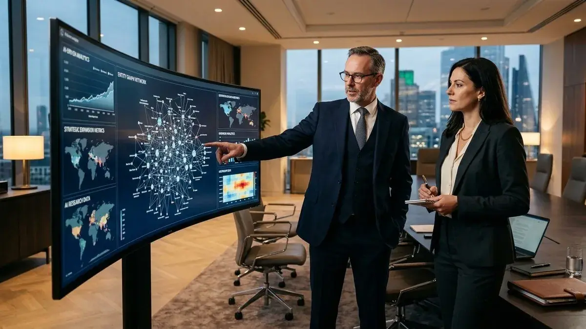 Diretor jurídico e sócia sênior analisando gráfico de rede neural e métricas de expansão digital em monitor ultrawide na sala de reuniões