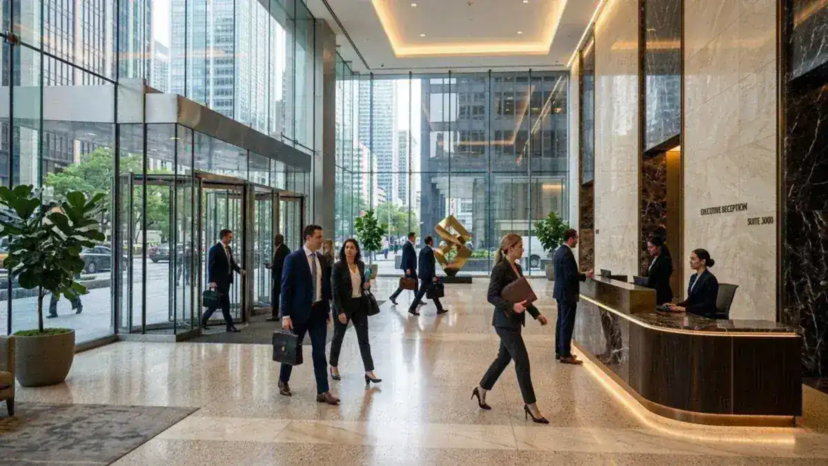 Lobby corporativo sofisticado de edifício empresarial contemporâneo em centro financeiro com advogados transitando